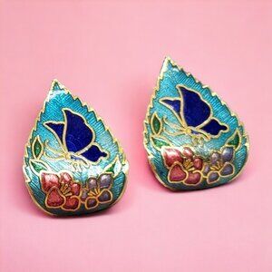 Vtg Cloisonne Teardrop Pierced Earrings Blue Teal Pink Butterfly Flower Pierced